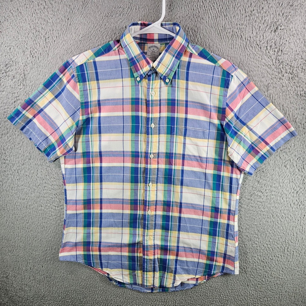 Brooks Brothers Regent Plaid Short Sleeve Button Down Shirt Mens Medium